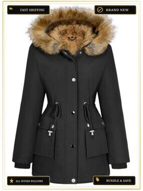 Women's Fleece Lined Parka Jacket Faux Fur Hood Winter Coat